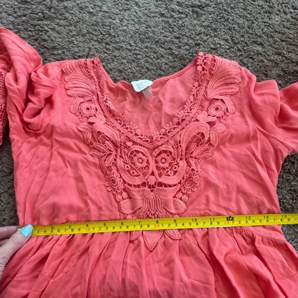 Cupio Red Salmon Crochet Tunic Blouse Lace Bell Sleeve Boho S - Picture 9 of 9